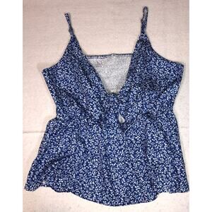 Babydoll Cottagecore Smocked Spaghetti Strap Blue Floral Top Tie Flowy Sz L